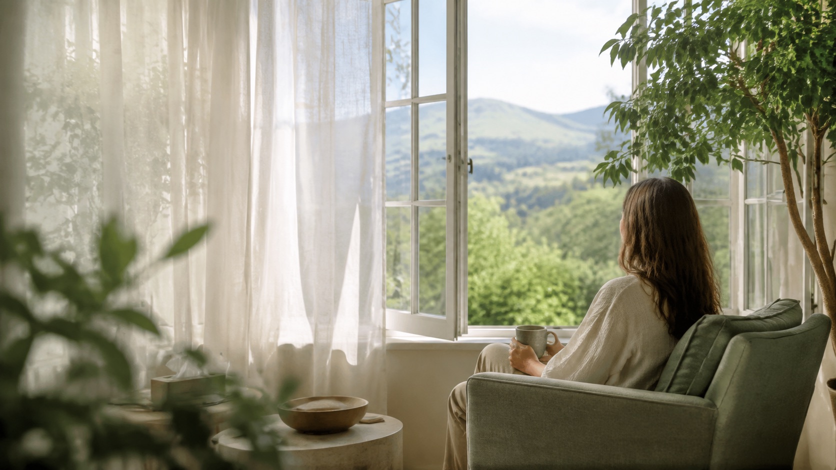 Woman holding a cup beside a window